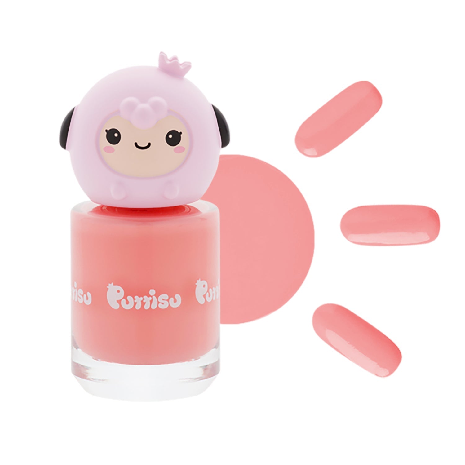A bottle of pink nail polish with a pink sheep-shaped cap.