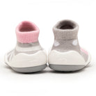 Two baby sock-shoes with pink and gray striped tops, white and gray soles.