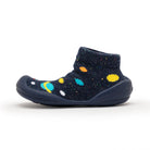 Blue sock shoe with colorful planet pattern.