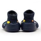 Rear view of blue baby shoes with sock-like tops.