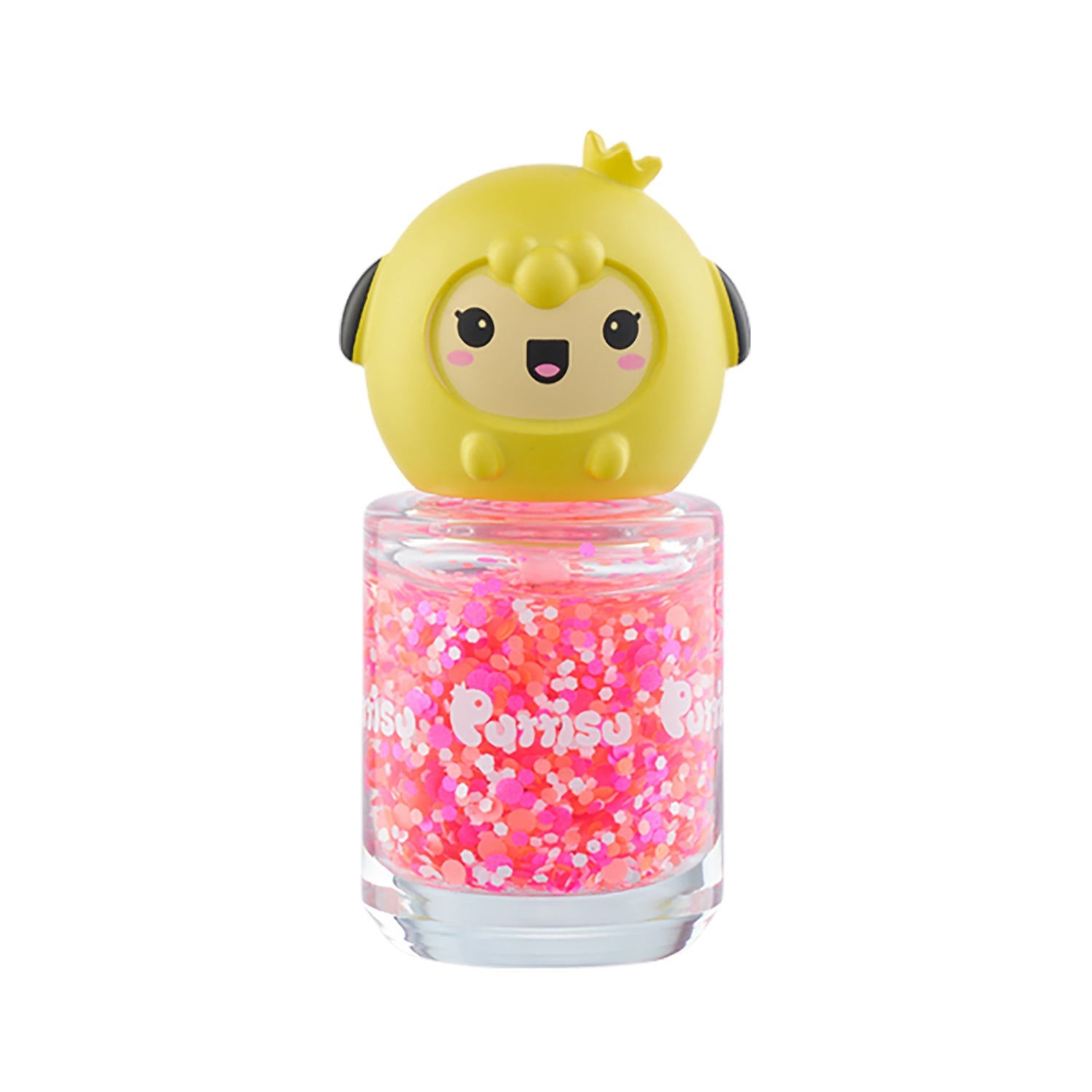 Bottle of pink glitter nail polish with a yellow, cartoon sheep figure on the lid.
