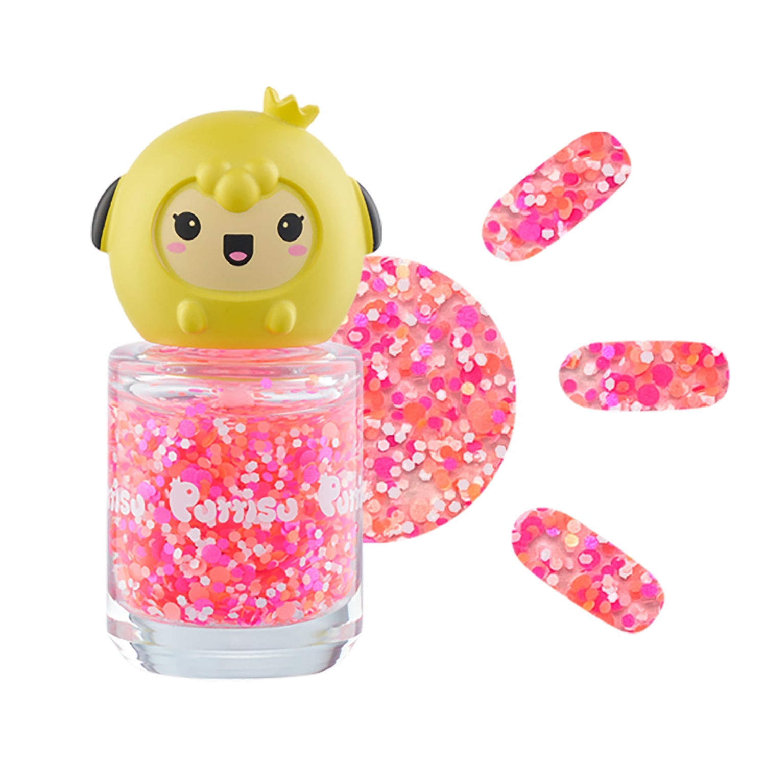 Close-up of a clear nail polish bottle filled with pink and orange glitter, topped with a yellow cartoon chick cap, shown next to three glittery nail polish swatches.