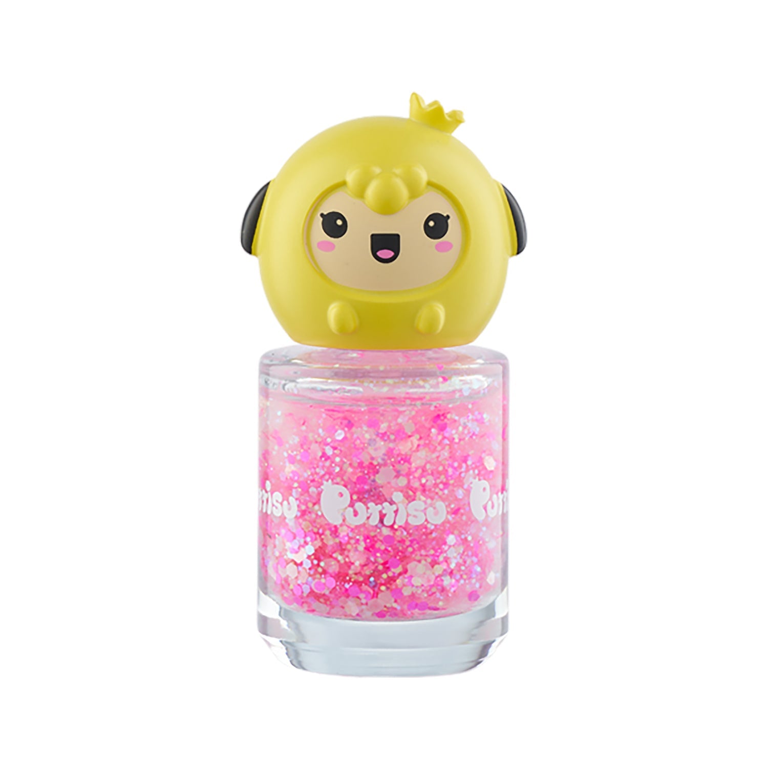 Pink glitter nail polish with a yellow cartoon sheep cap.