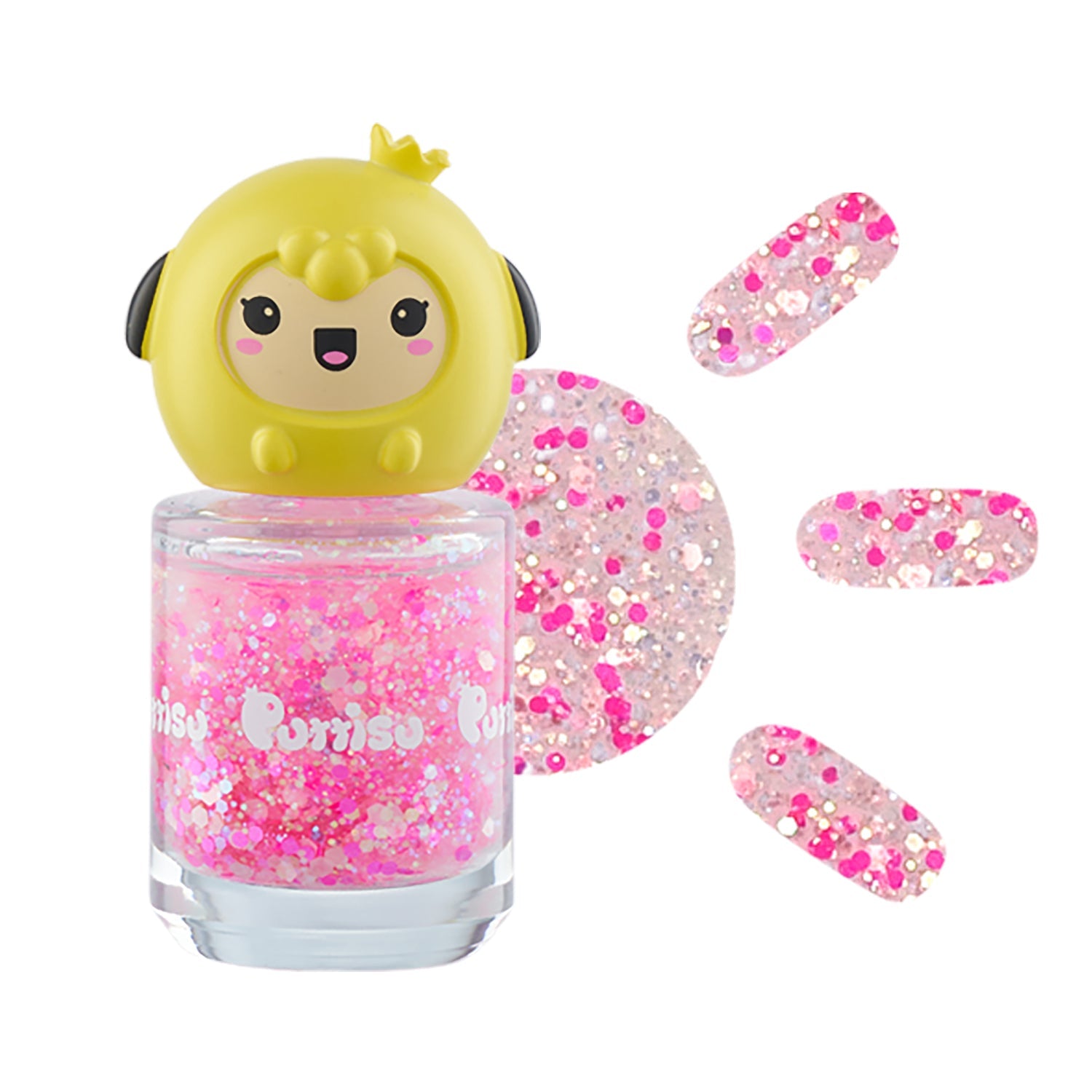 Pink glitter nail polish with yellow character cap.