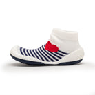 A striped, red-heart baby shoe.