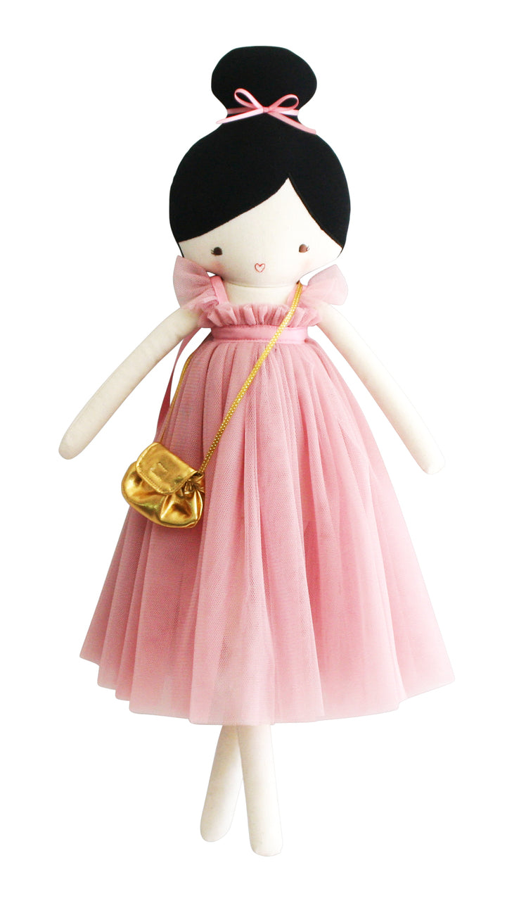 Stuffed doll in a pink tulle dress with a gold purse.