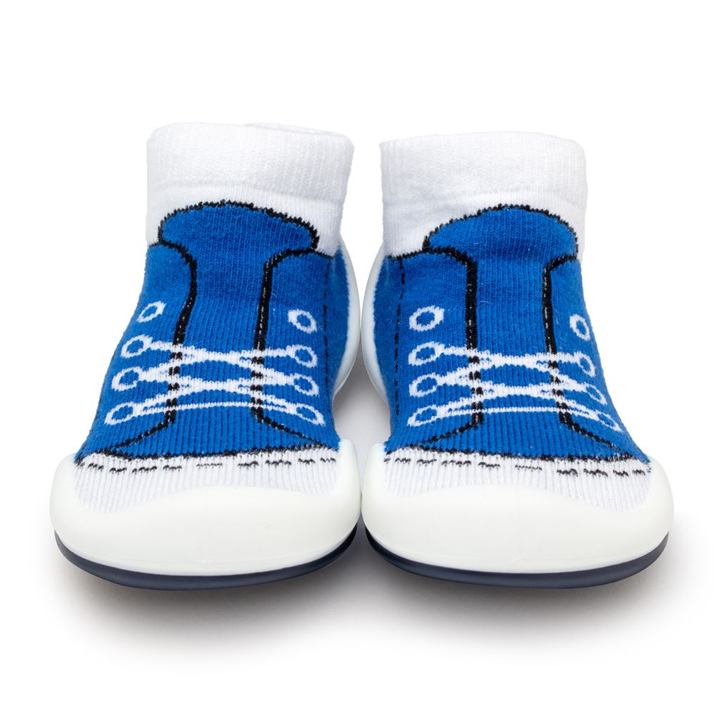 Pair of blue and white shoe socks.