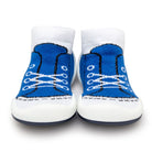 Pair of blue and white shoe socks.