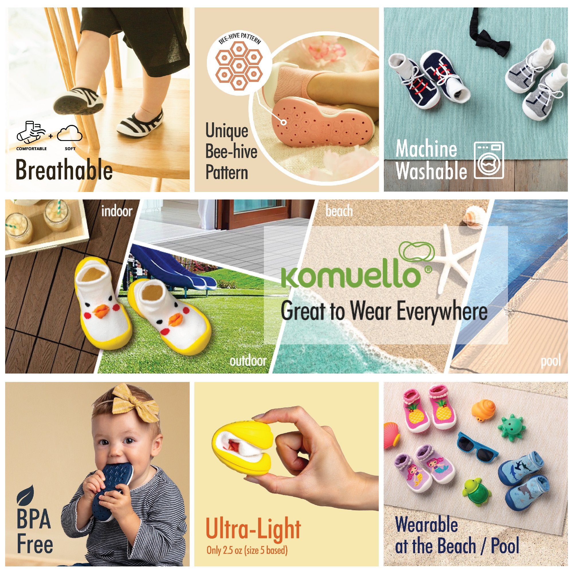 Collage image promoting Komuello baby shoes, highlighting features like breathability, unique bee-hive pattern, machine washability, versatility for indoor/outdoor/beach/pool use, BPA-free materials, ultra-lightweight design, and diverse patterns.