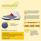 A Komuello brand baby shoe, highlighting its features like breathable holes, cotton top, and TPE rubber sole.