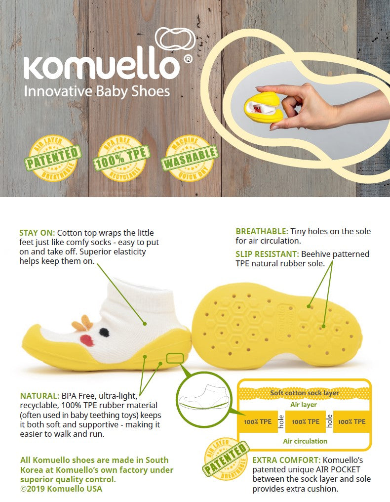 Baby shoes with yellow soles and white tops. Features include air layer, TPE recyclable material, and machine washable. A diagram highlights the components.