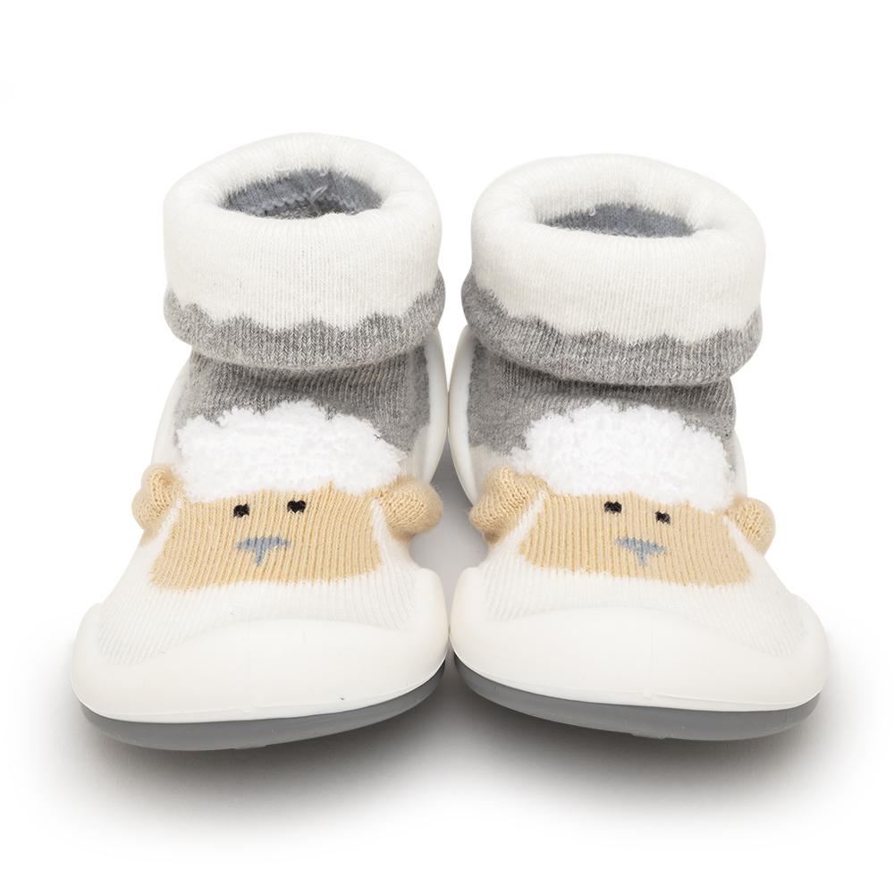 Pair of baby lamb-themed sock shoes.
