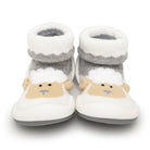 Pair of baby lamb-themed sock shoes.