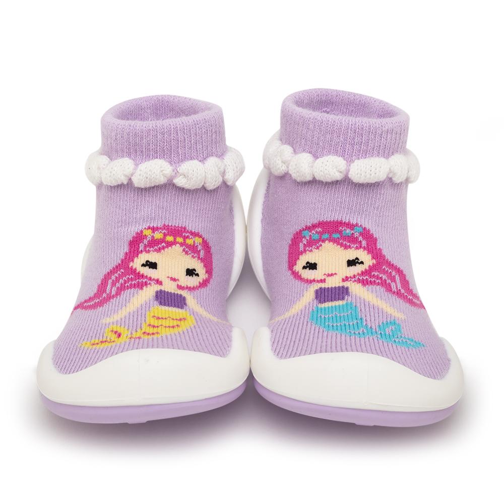 Two purple baby shoes with mermaid design.