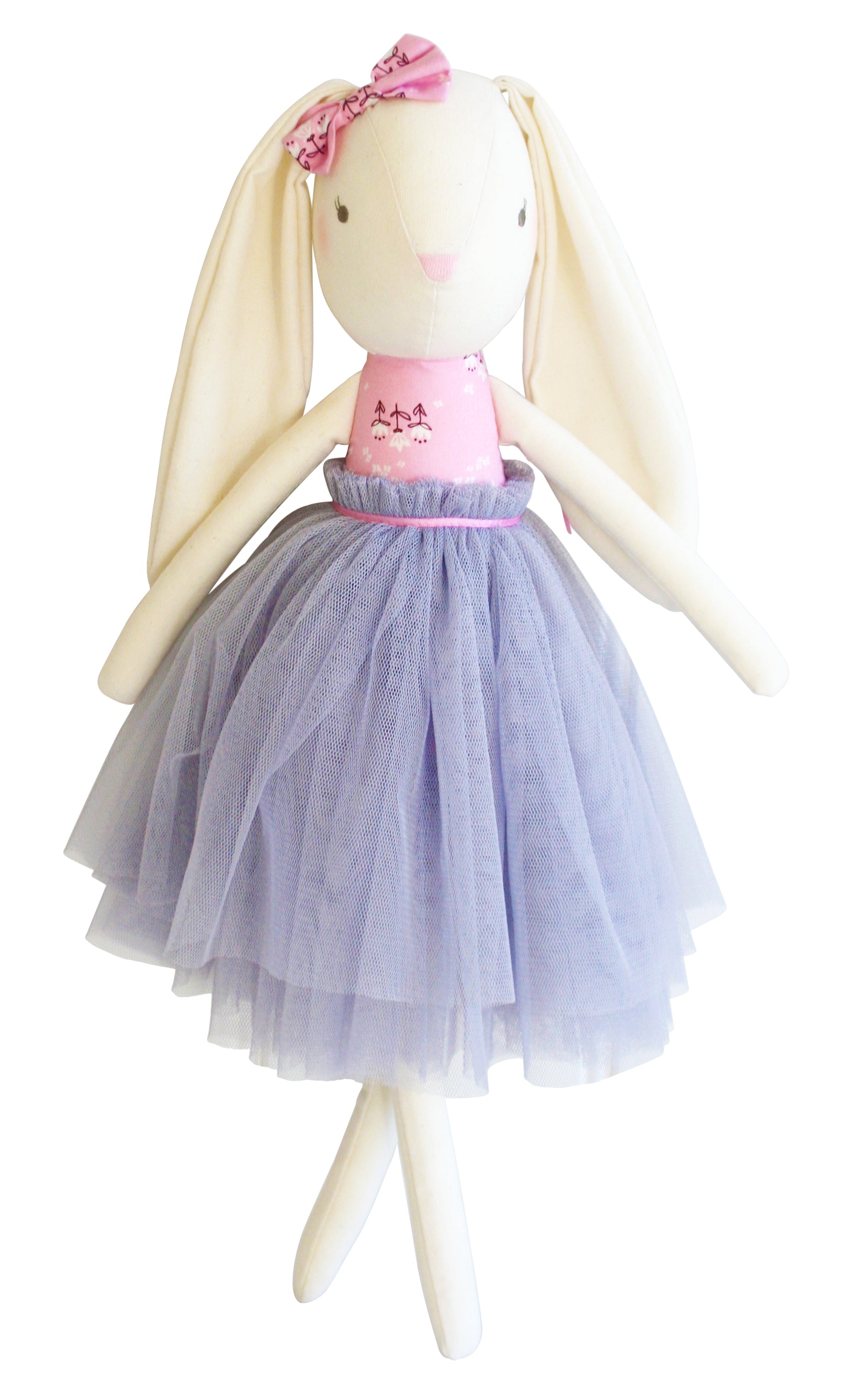 Stuffed bunny doll in a pink floral-patterned dress and tiered blue tulle skirt.