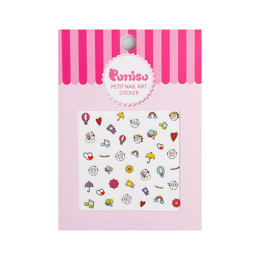 Pack of nail art stickers with colorful cartoon designs on a pink background.