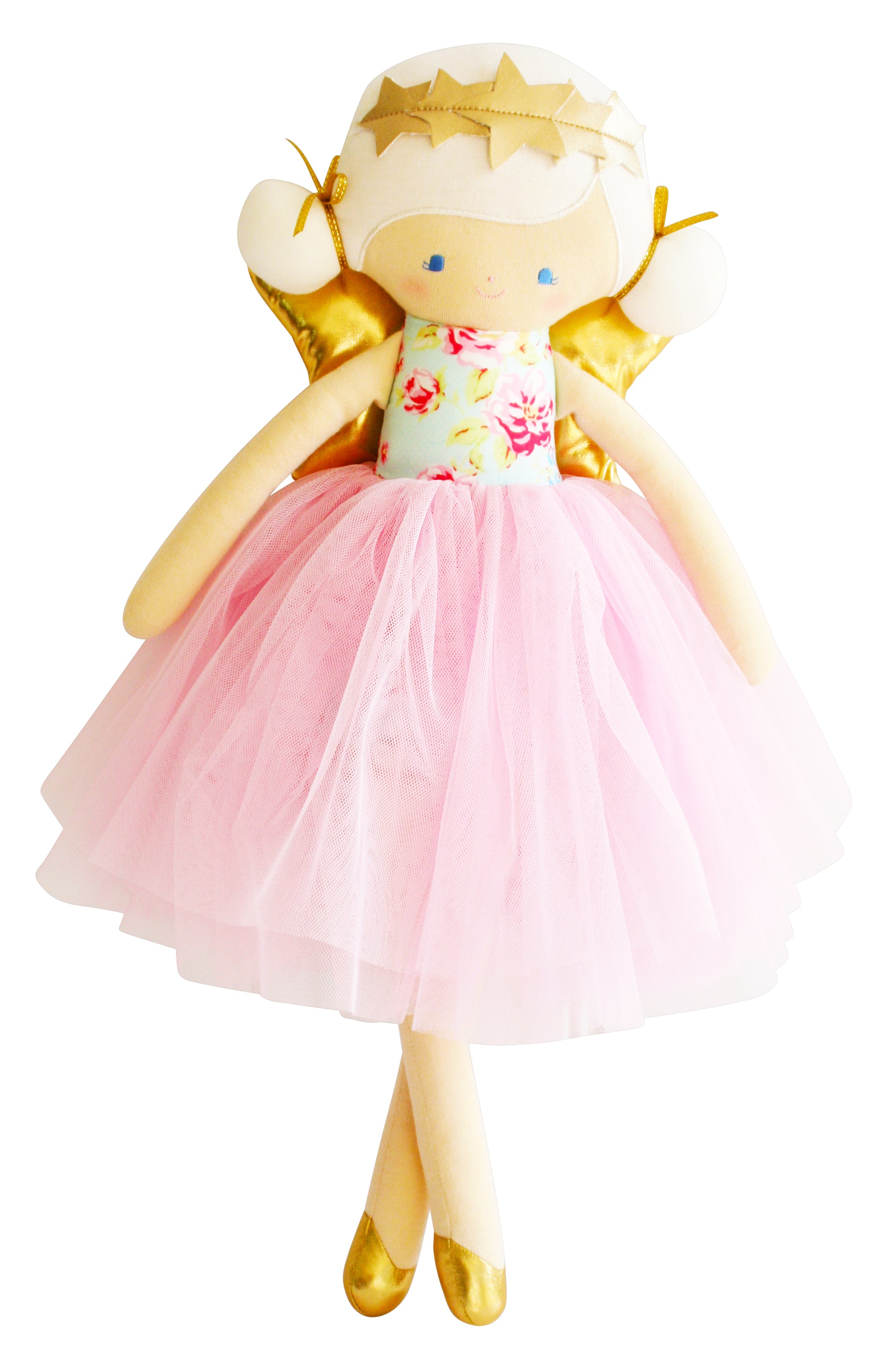 Stuffed fairy doll in a pink tutu and floral top.