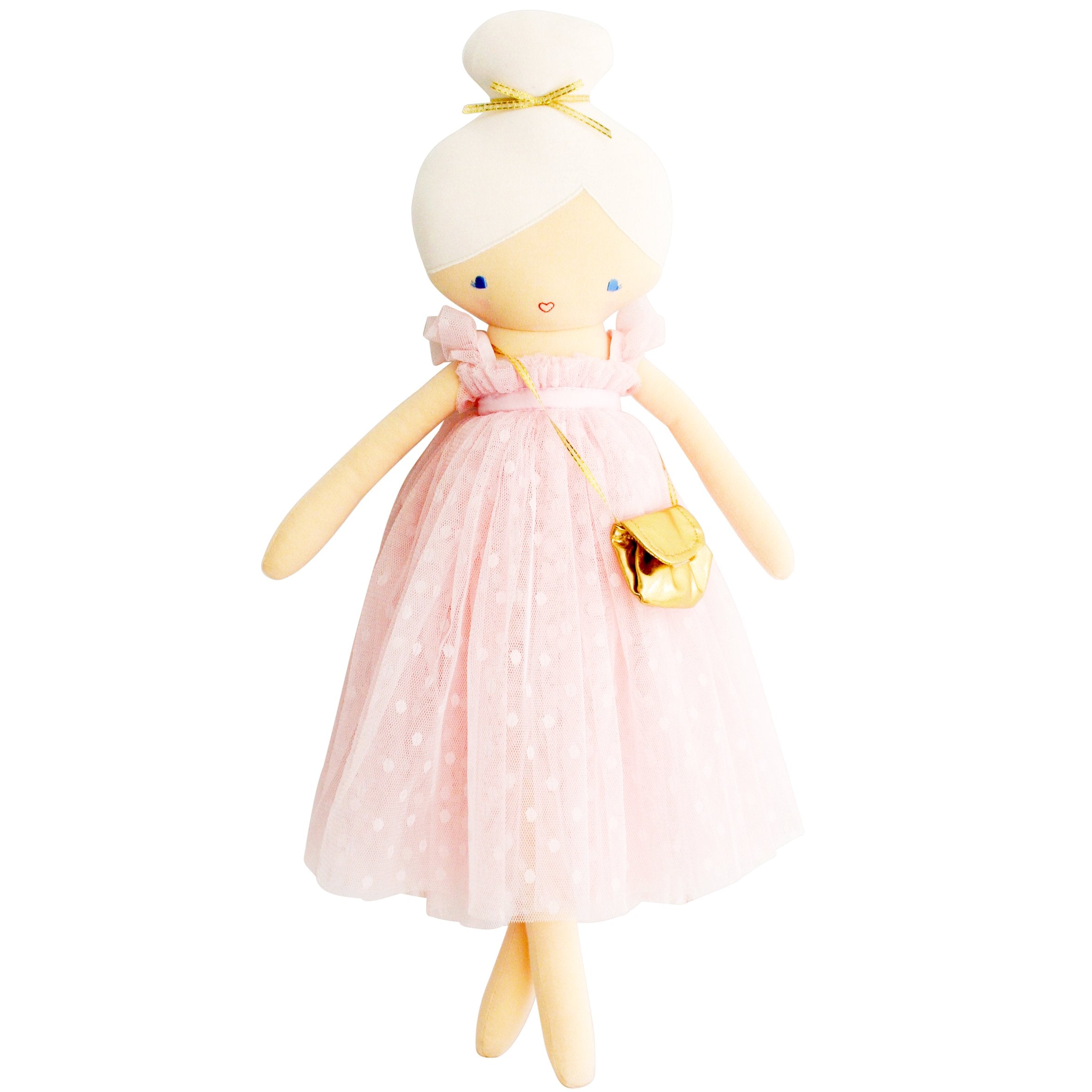 Ballerina doll wearing a pink dress with gold purse.