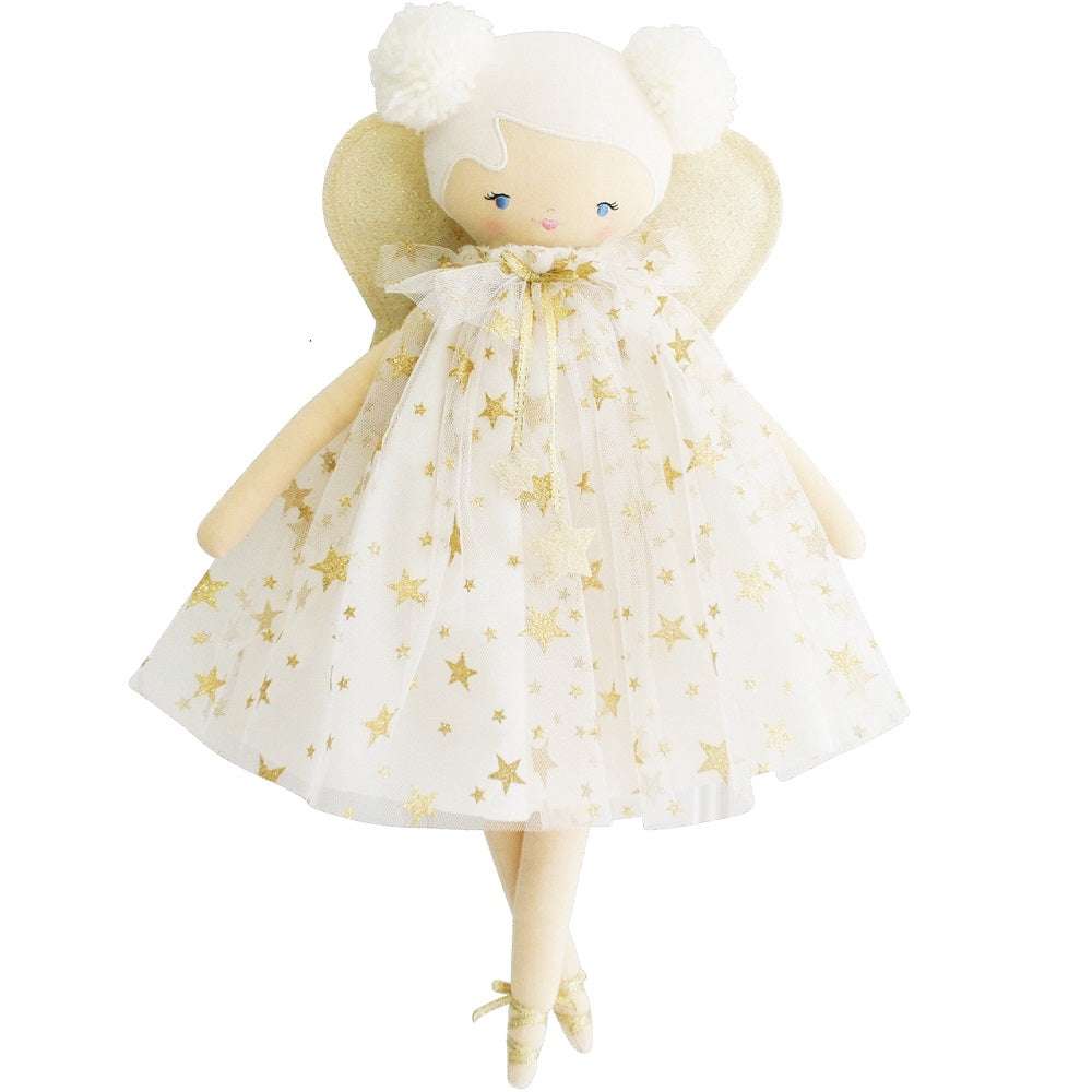 Stuffed angel doll in a white and gold star dress.