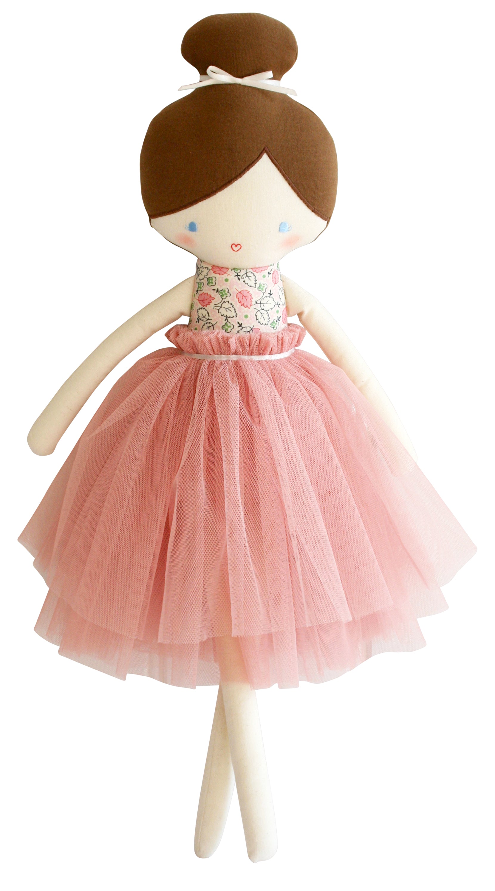 Stuffed ballerina doll with pink tutu and brown hair in a bun.