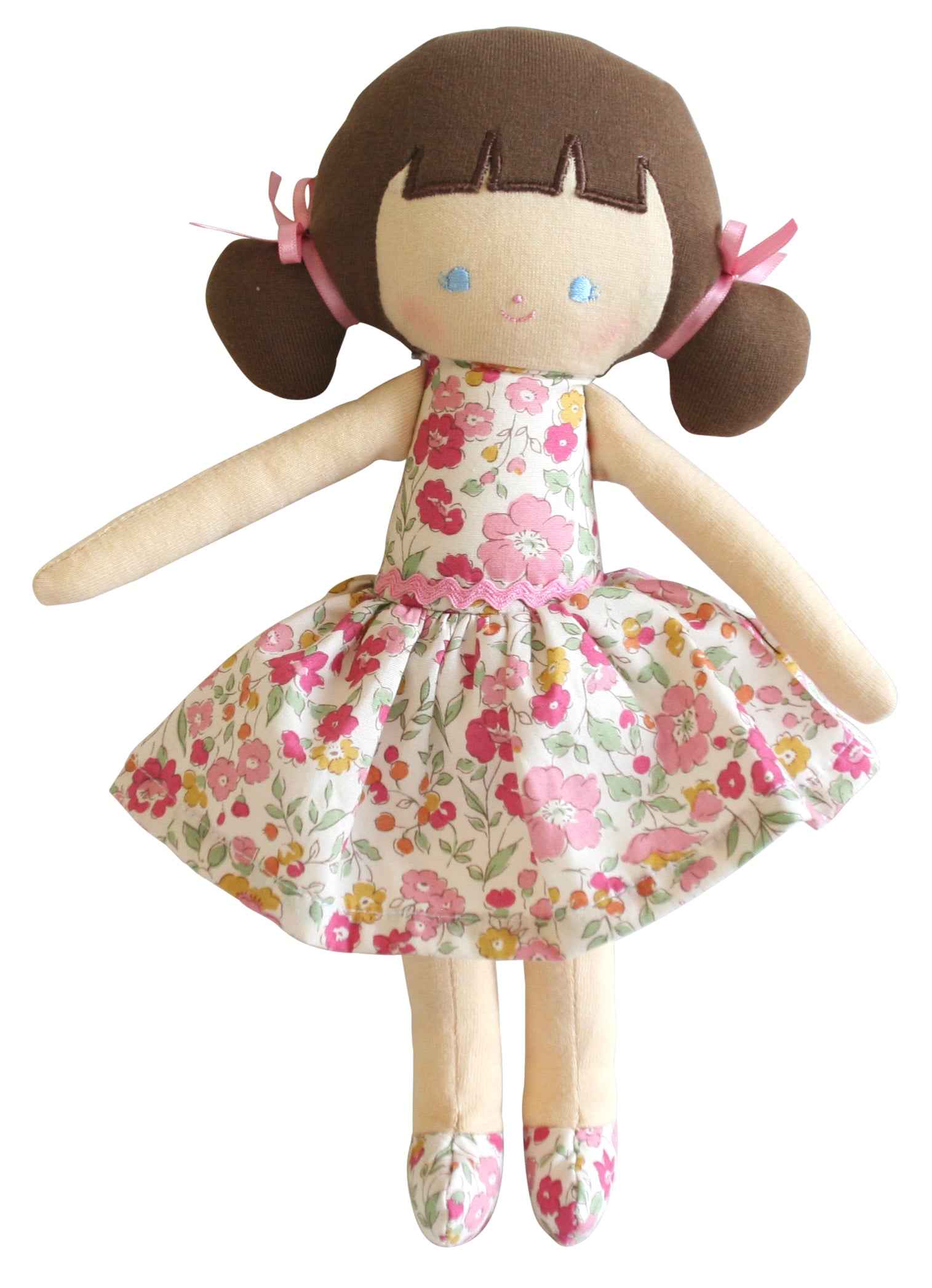 Fabric rag doll with pink floral dress.