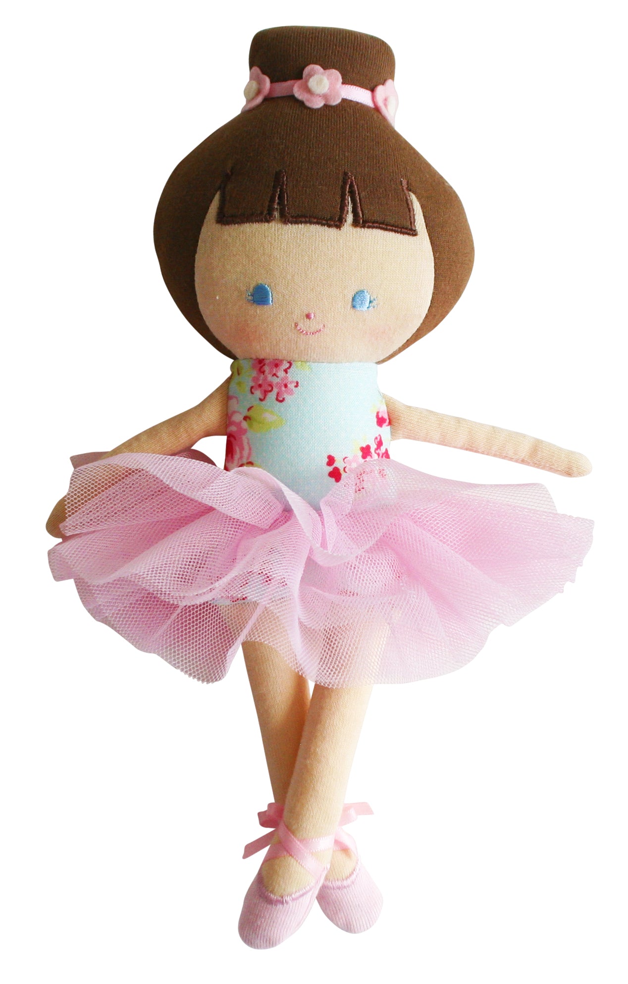 Ballerina doll with a pink tutu, leotard, and ballet shoes.
