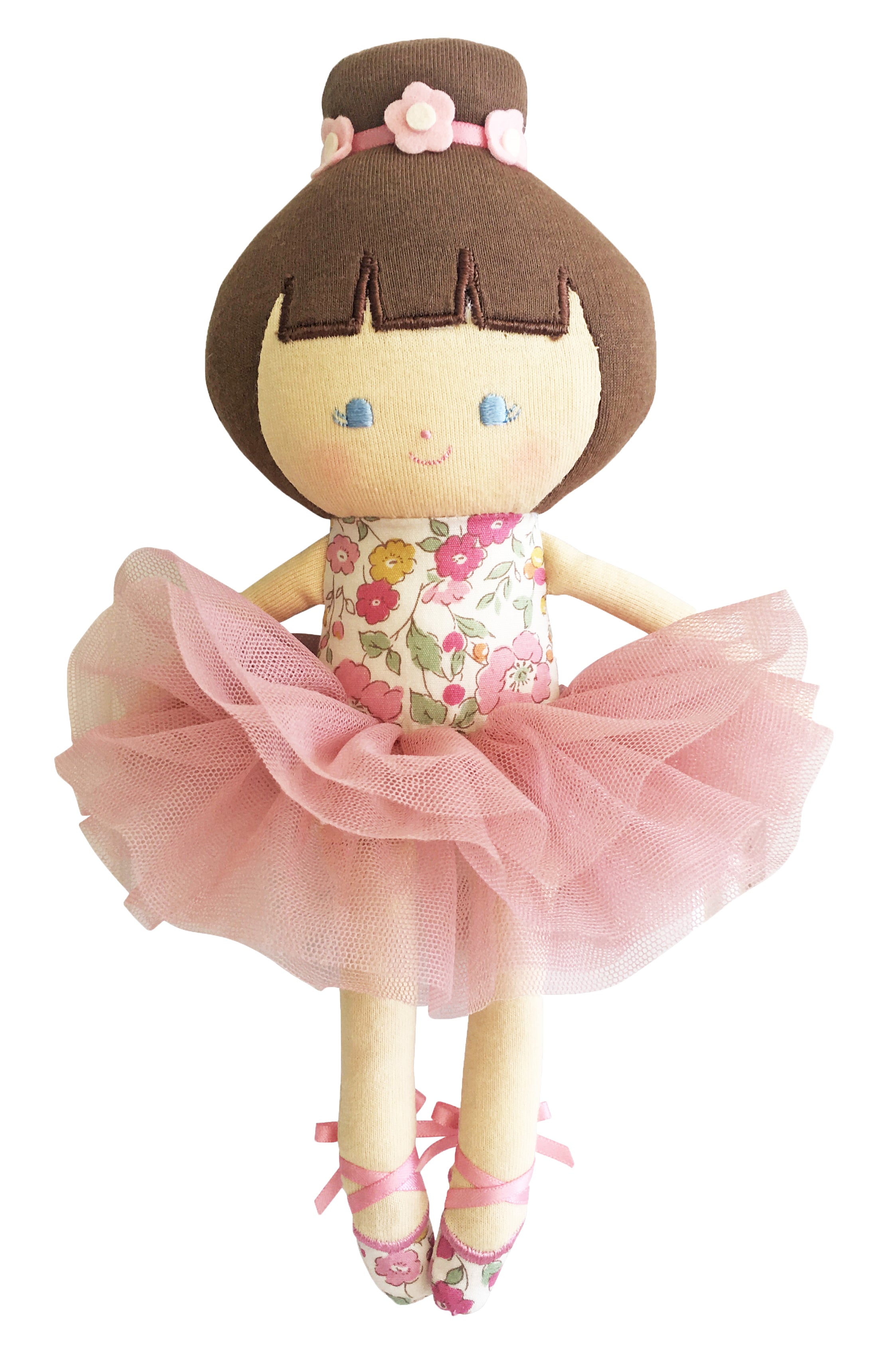 Ballerina doll with pink tutu, floral dress, and ballet slippers.