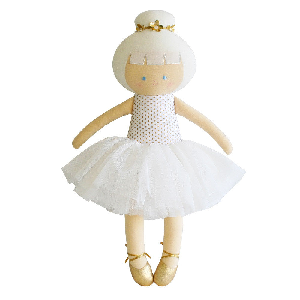 Stuffed ballerina doll with white tulle skirt and gold shoes.