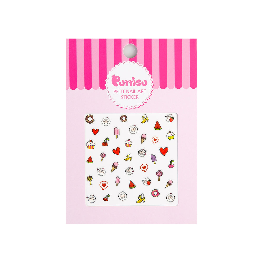 Package of Purisu petit nail art stickers with images of desserts, fruit, and smiling faces.
