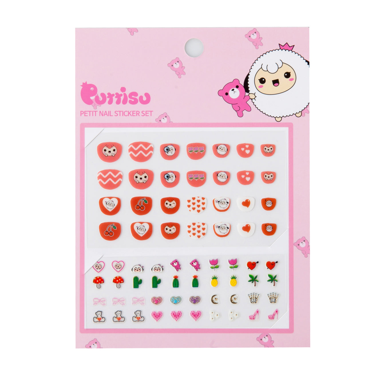A sheet of children's nail stickers with cartoon images on a pink background.