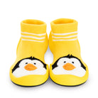 Yellow baby slipper socks with penguin design.