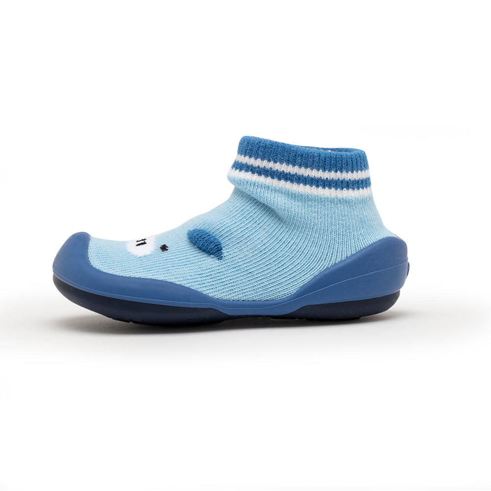 Blue sock shoe with white stripes and bear design.