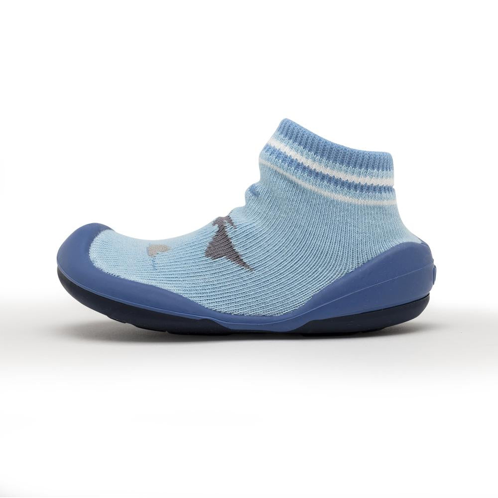 Blue baby sock shoe with gray details.
