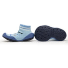 A pair of baby blue sock-shoes.