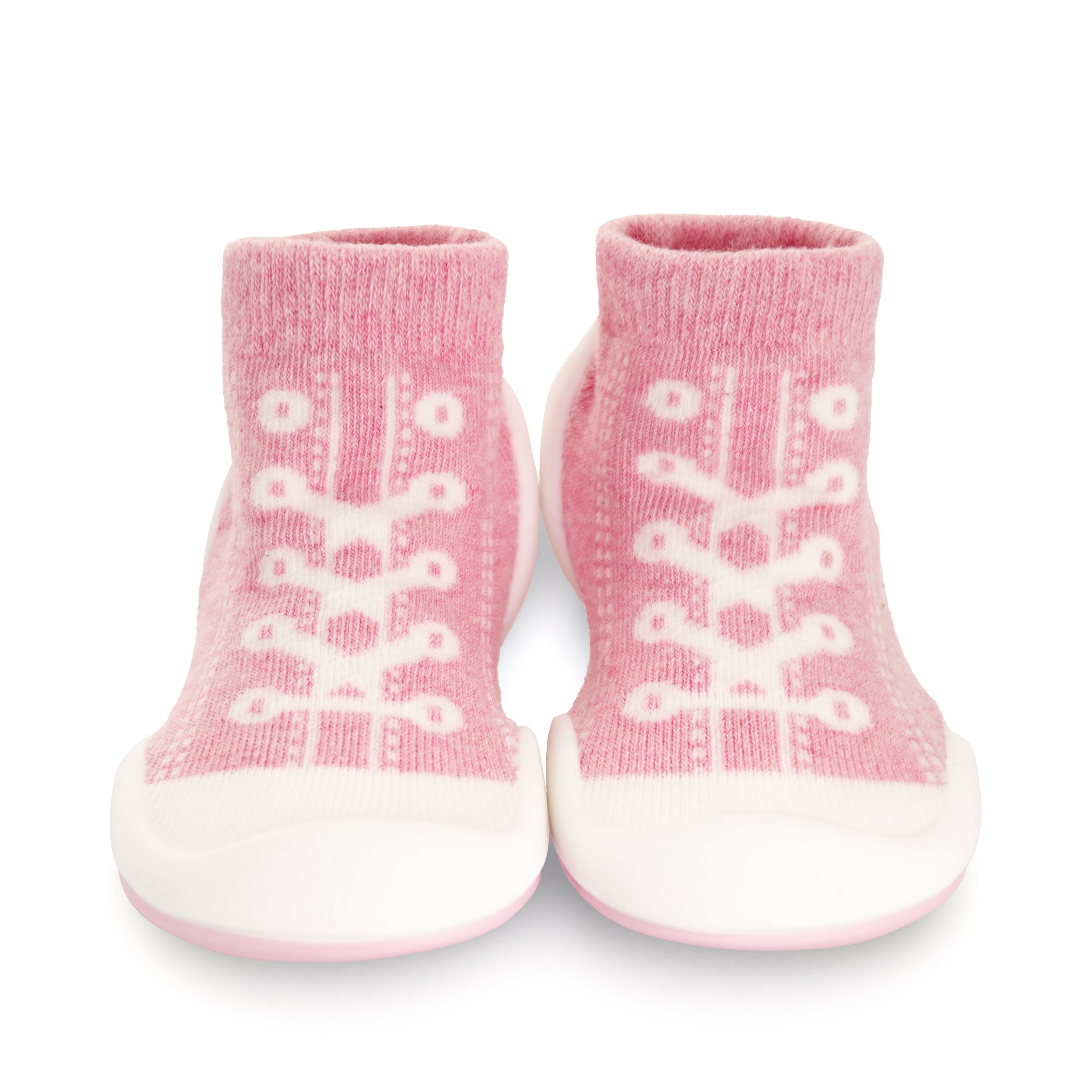 Pair of pink baby sock shoes with white soles.