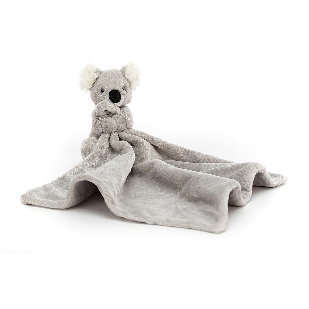 Gray koala plush comfort blanket.