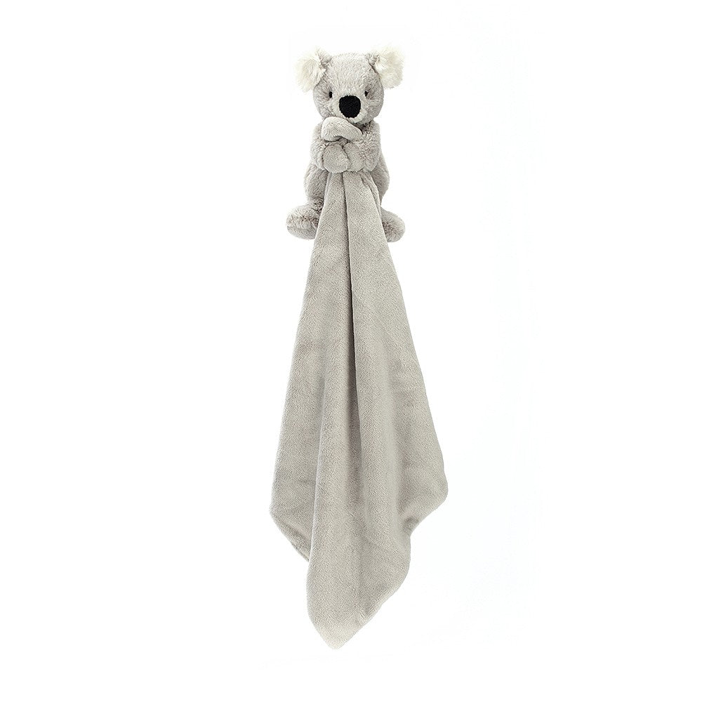 Grey koala plush toy attached to grey plush blanket.