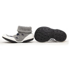 Gray sock shoes with blue stars, white soles, and black outsoles.