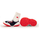 Children's sock shoes in navy, white, and red.