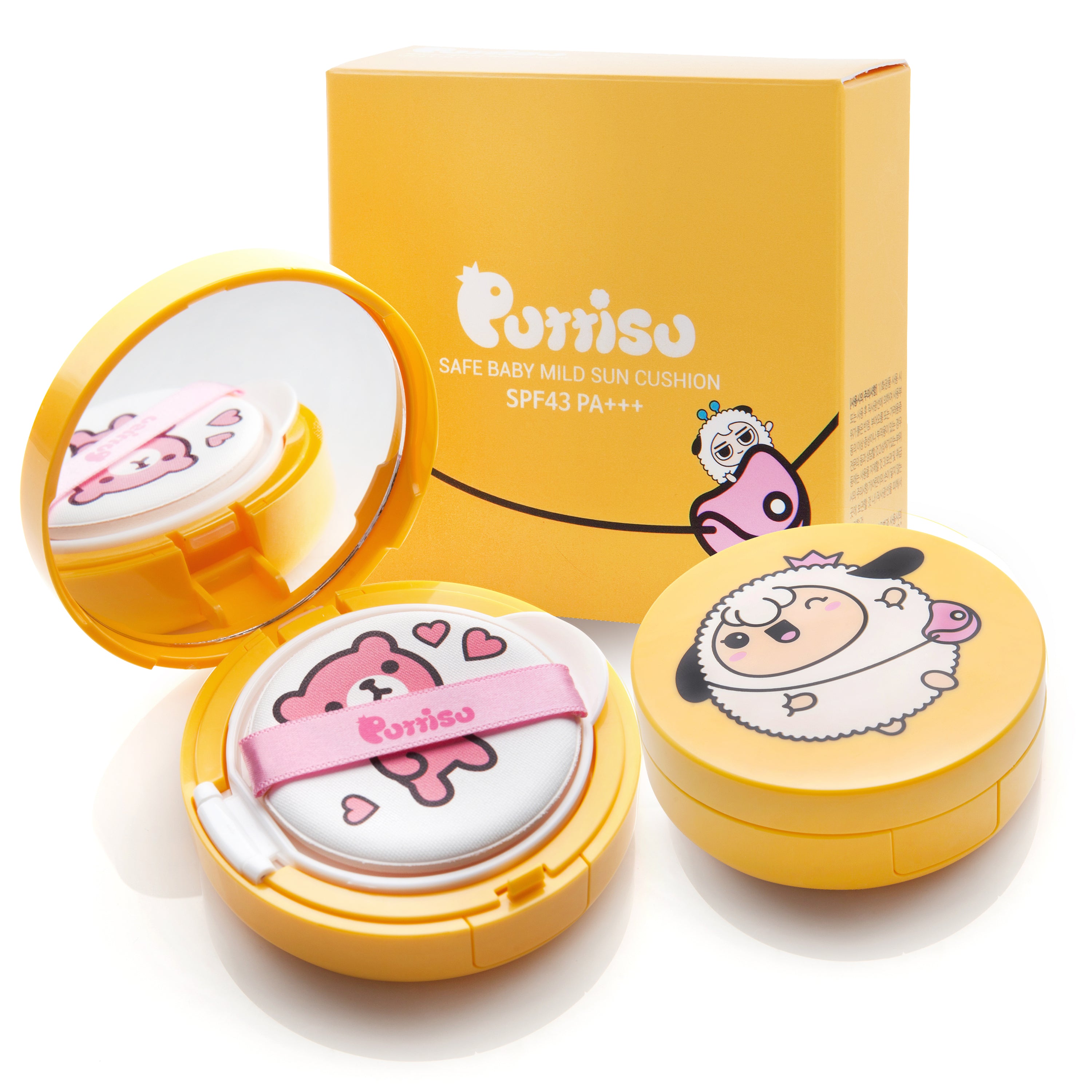 Yellow sun cushion compacts and packaging, illustrated with cartoon animals.