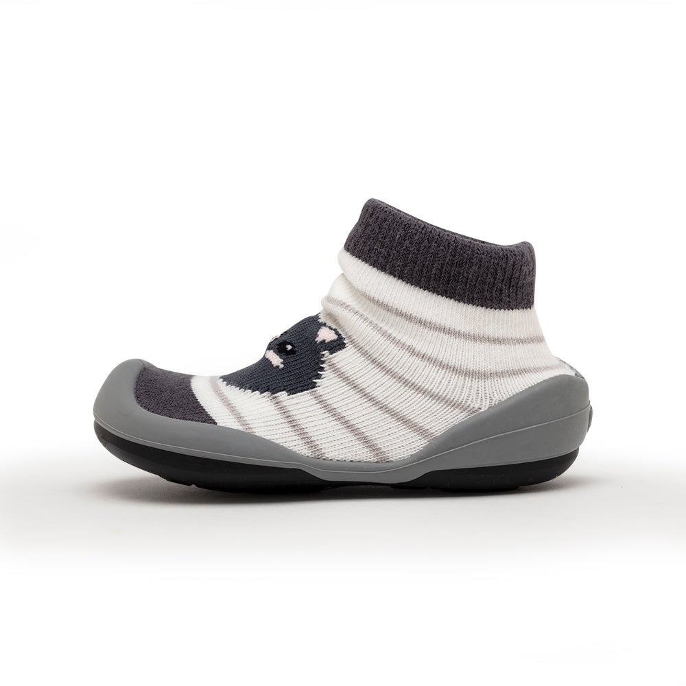 Gray and white striped sock-shoe with cat design.