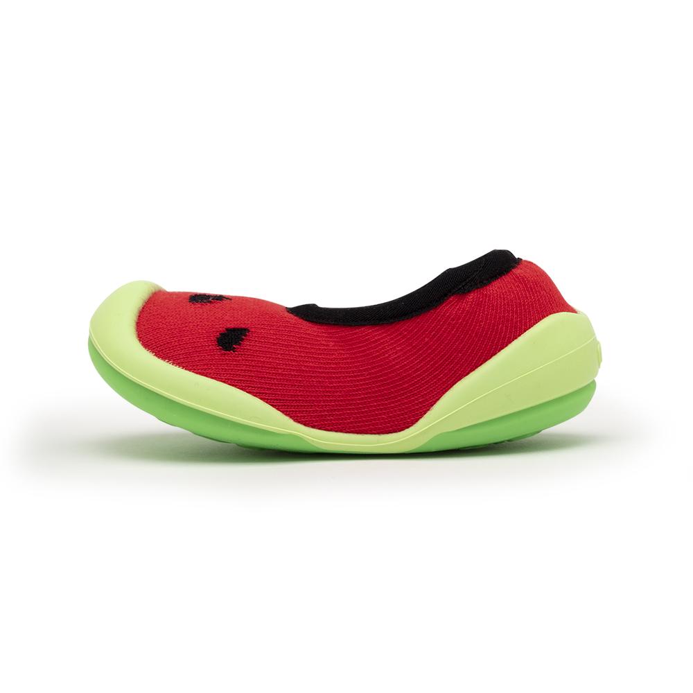 A watermelon-patterned child's shoe.