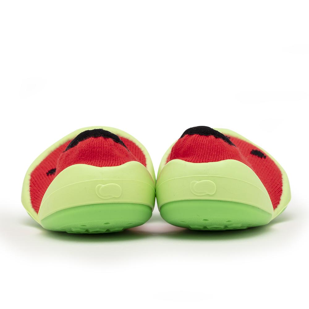 Back view of watermelon-themed baby shoes.