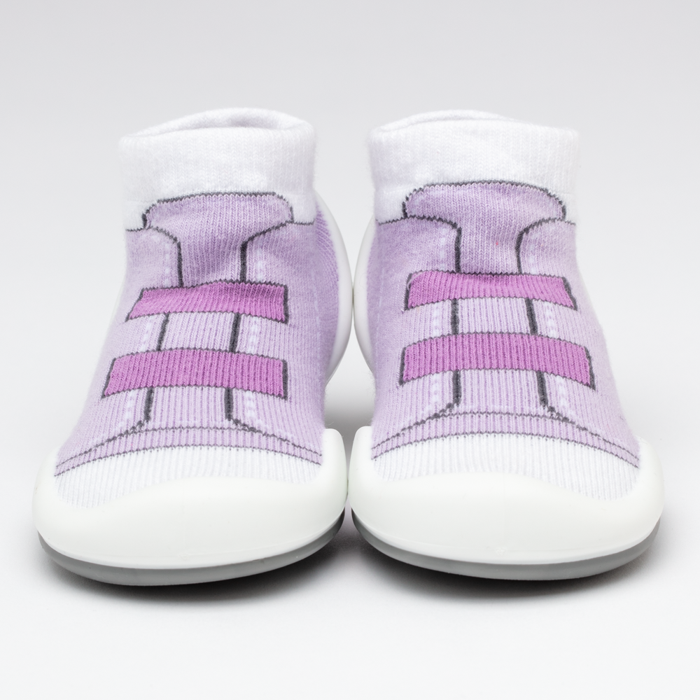 Pair of purple and white sock shoes.