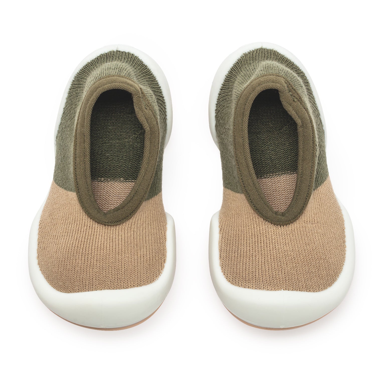 A pair of beige and green toddler shoes with white soles.