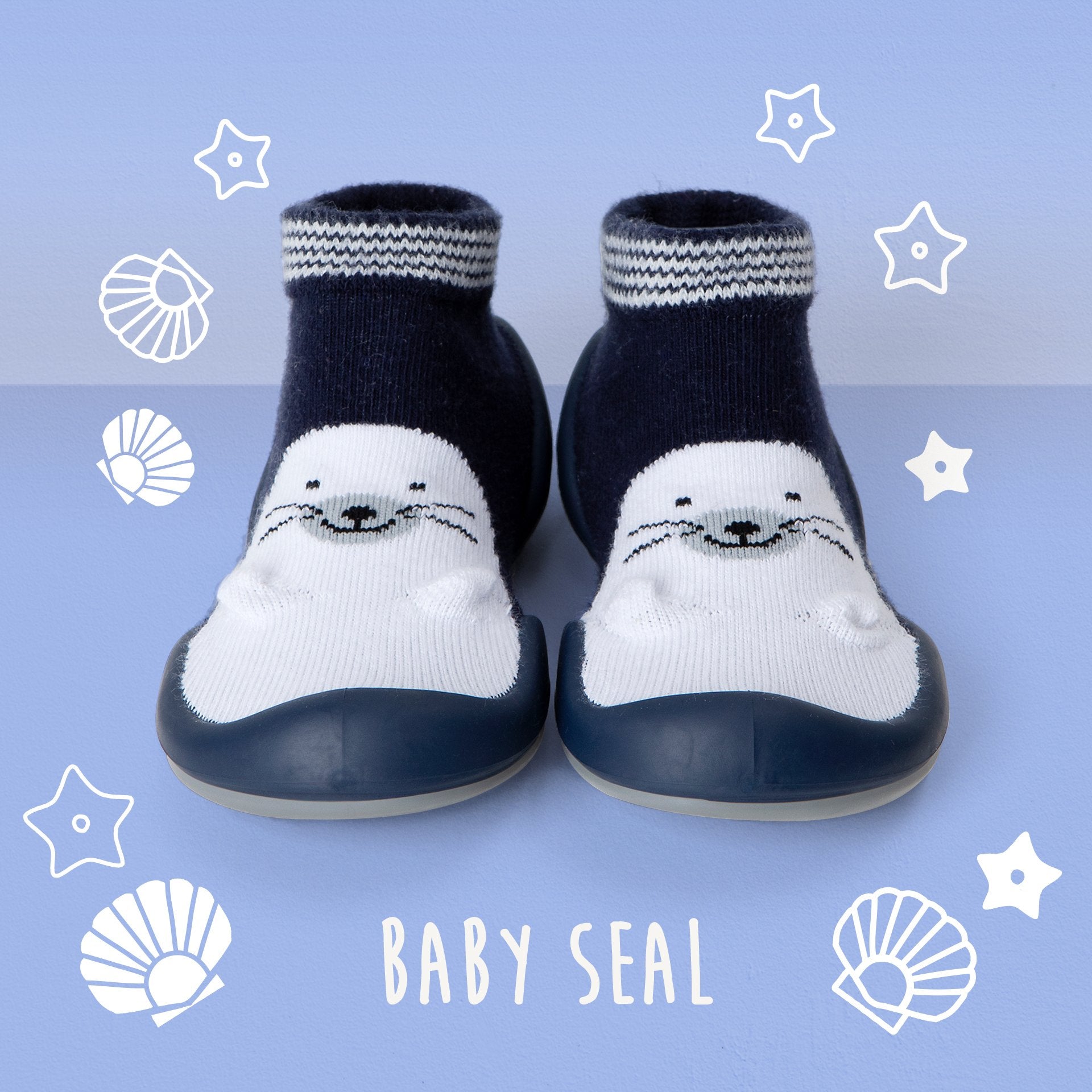 Two baby seal sock shoes on a blue background.
