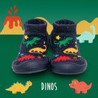 Dark blue toddler sock-shoes with dinosaur patterns, on a dinosaur themed background.