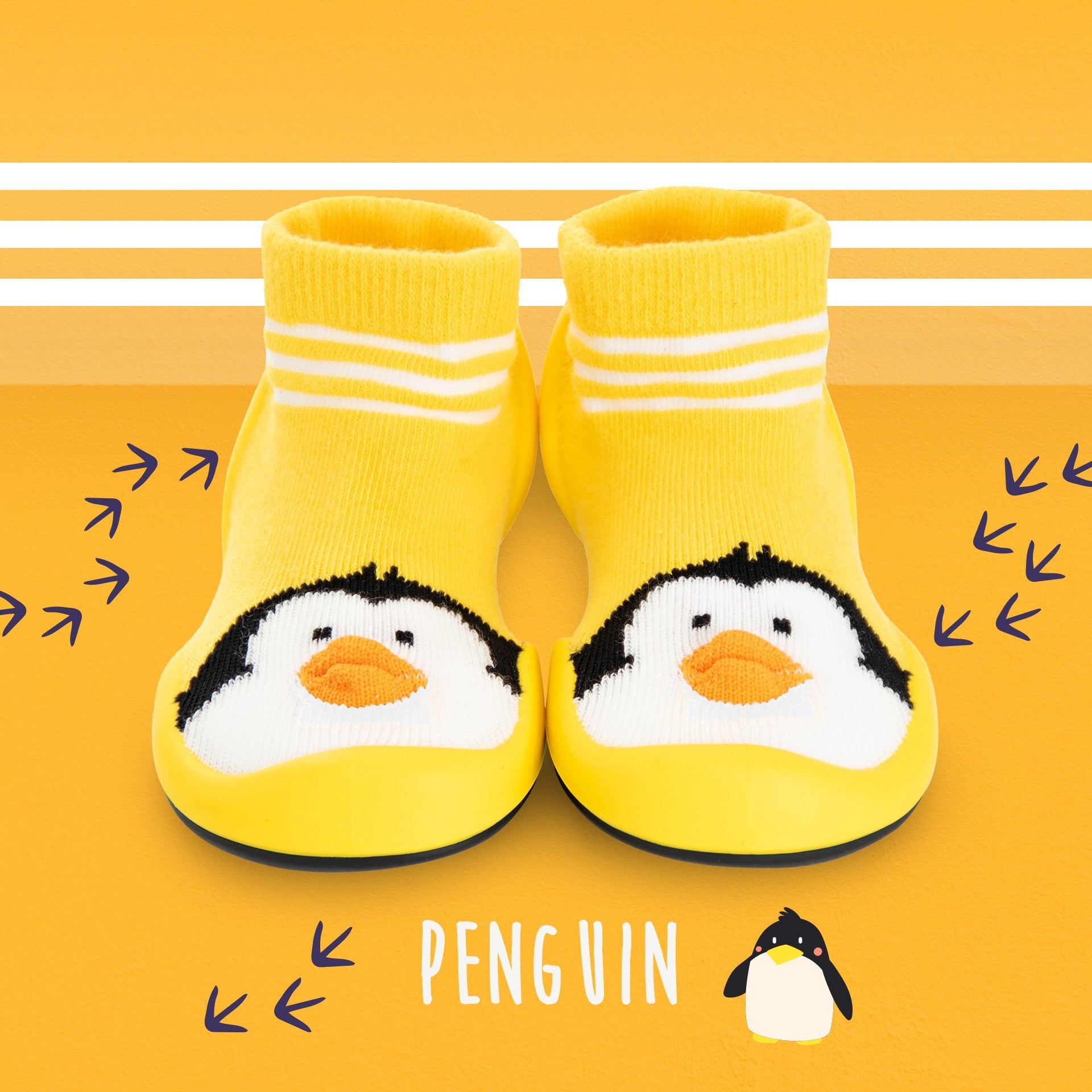 Yellow and white striped baby socks with penguin design.