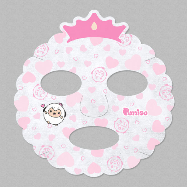 Pink and white heart patterned sheet mask with crown and cartoon lamb.