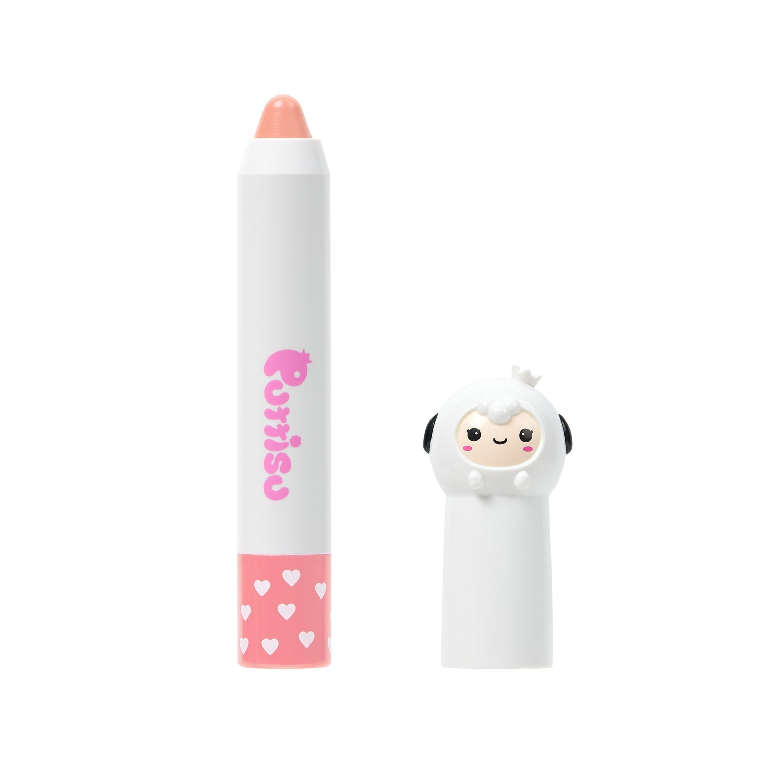 Open Purrisu lip crayon with a white cap shaped like a lamb.